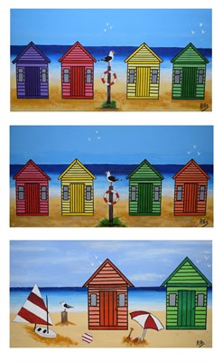 Lot 413 - A C Pillinger (Pills) - Three acrylics on canvas- 'Beach Huts'