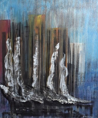 Lot 505 - Robert Aldridge, (Modern) - Oil on board - Sails in Harbour