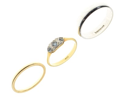 Lot 37 - 18ct yellow metal sapphire and diamond ring and two 9ct rings