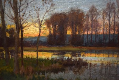 Lot 486 - Early 20th Century oil on panel, Woodland landscape at sunset