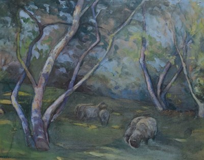 Lot 392 - 20th Century Watercolour - Woodland landscape with sheep