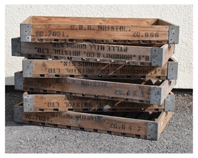 Lot 560 - Six wooden trays, some stamped GWR Bristol