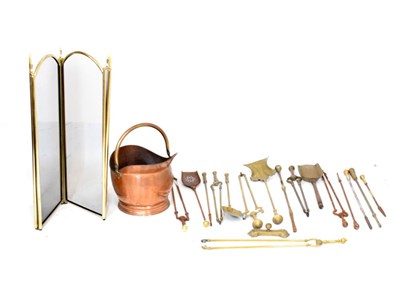 Lot 533 - Group of fireside items including fire guard, coal scuttle, irons, etc
