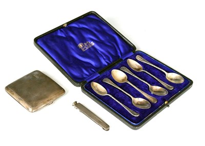 Lot 143 - Cased set of six silver spoons, silver cigarette case, and pen knife