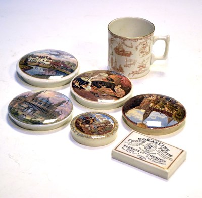 Lot 335 - Imperial Coralline Tooth Paste ceramic pot lid, pot lids and Queen Victoria mug