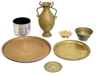 Lot 444 - Quantity of brassware etc to include Indian vase with snake handles, etc