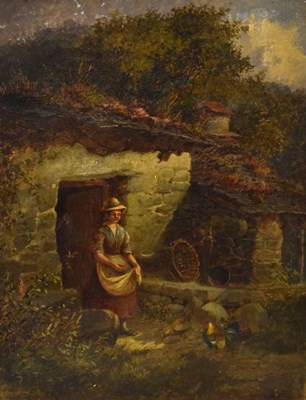 Lot 526 - Late 19th Century oil on canvas - figure ands chickens by a cottage door