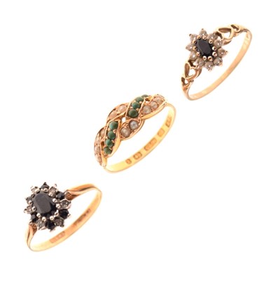 Lot 34 - 15ct gold ring and two 9ct gold sapphire and white stone dress rings
