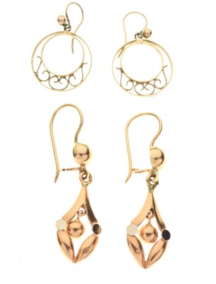 Lot 72 - Pair of Middle Eastern high carat yellow metal drop earrings, and a pair '9ct' yellow metal hoop earrings