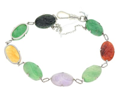 Lot 45 - Carved jade panel bracelet, stamped '9ct'