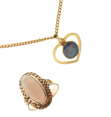 Lot 32 - '9ct' gold opal set ring and an unmarked yellow metal heart-shaped pendant and chain