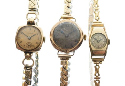 Lot 116 - Lady's vintage 9ct gold-cased wristwatch, plus  two ladies gold-plated wristwatches