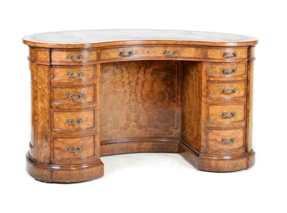 Lot 645 - Fine Victorian burr walnut kidney-shaped pedestal desk by Gillow & Co