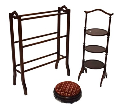Lot 740 - Towel rail, cake stand, and upholstered foot stool