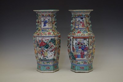 Lot 278 - Pair of Chinese Canton Famille Rose hexagonal baluster vases