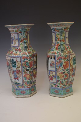 Lot 278 - Pair of Chinese Canton Famille Rose hexagonal baluster vases