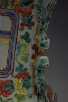 Lot 278 - Pair of Chinese Canton Famille Rose hexagonal baluster vases
