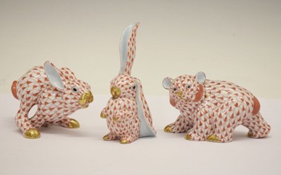 Lot 368 - Herend, Hungary - Porcelain models of two hares and a bear