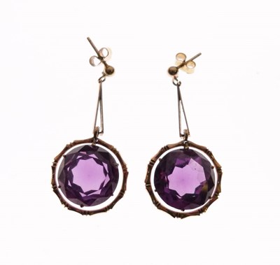 Lot 85 - Pair of unmarked yellow metal drop earrings set synthetic colour change corundum