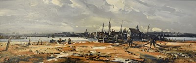 Lot 449 - Edward Elliott - Oil on board - Harbour scene