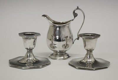 Lot 141 - Pair of George V silver dwarf candlesticks and cream jug