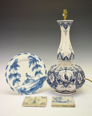 Lot 390 - Two tiles, Large Delft lamp, reproduction plate