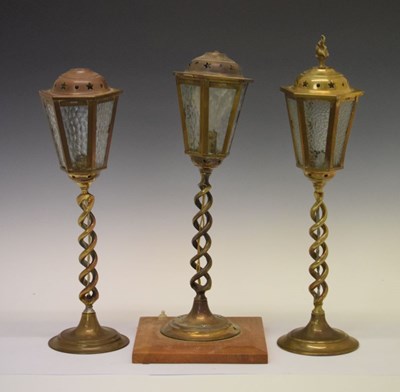 Lot 756 - Set of three brass table lamps