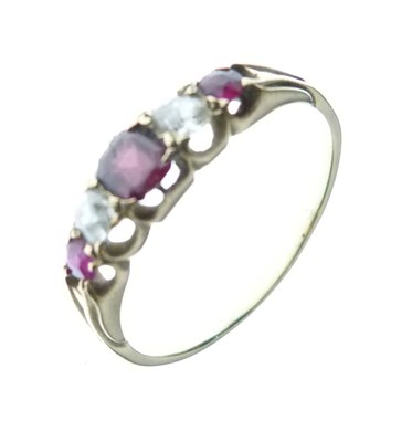 Lot 34 - Unmarked five-stone ring, set two old-cut diamonds and three ruby-coloured stones