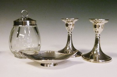 Lot 142 - Pair of George V silver candlesticks, Bon Bon dish, and jam pot