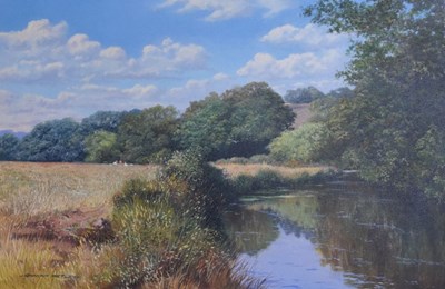Lot 601 - Graham Petley - Oil on canvas - Riverside scene