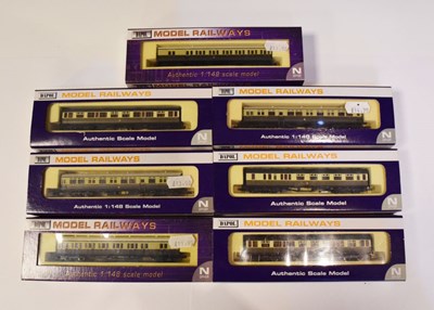Lot 497 - Dapol - Seven boxed ‘N’ gauge railway trainset carriages/ coaches