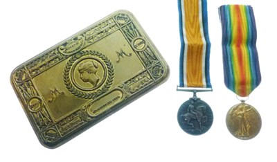 Lot 357 - First World War medal pair, Christmas tin and playing cards