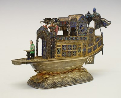 Lot 104 - Chinese white metal and enamel model of a junk