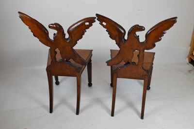 Lot 721 - Pair of Victorian carved oak armorial hall chairs