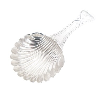 Lot 70 - George III silver caddy spoon with shell bowl and bright cut decoration