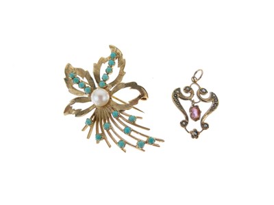 Lot 148 - 9ct gold floral spray brooch set with a pearl and turquoise cabochons, and a 9ct gold seed pearl and amethyst set pendant