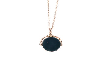 Lot 81 - 9ct gold swivel fob set bloodstone and portrait, on a 9ct rose gold belcher link chain