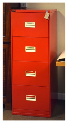 Lot 649 - Office four drawer red filing cabinet & office furniture