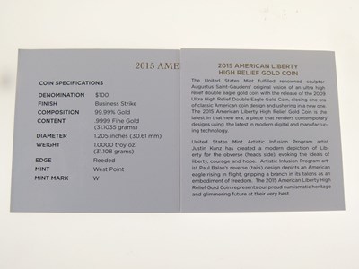 Lot 118 - United States of America, American Liberty high relief $100 1oz gold coin, 2015