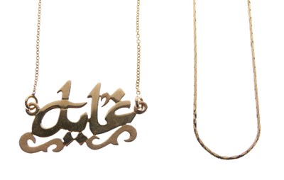 Lot 46 - Yellow metal name pendant on fine chain, the clasp stamped '750'