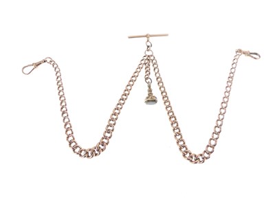 Lot 70 - Graduated curb-link watch chain with T-bar and fob