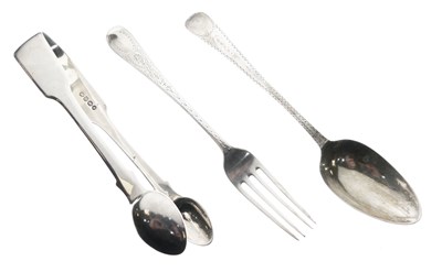 Lot 79 - Georgian silver christening spoon and fork, together with a pair of sugar tongs