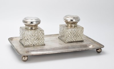Lot 83 - George V silver presentation desk stand with two cut glass inkwells