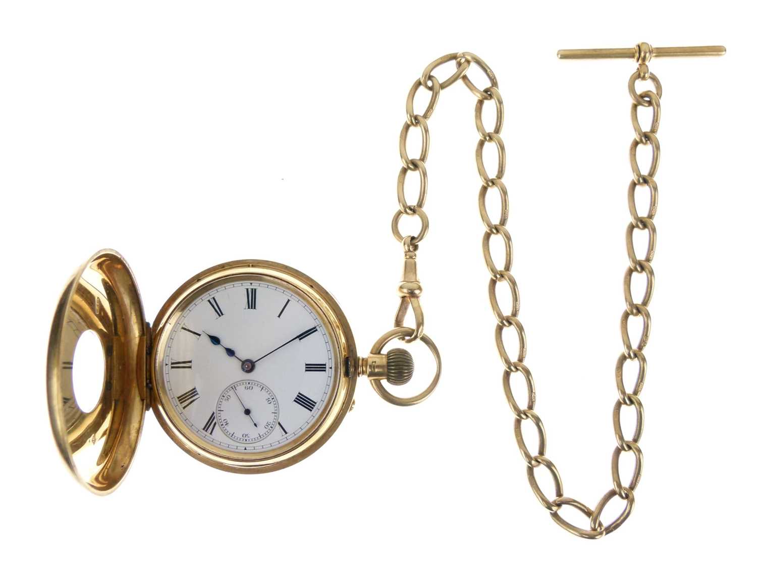 Lot 52 - Late Victorian 18ct gold half hunter-cased pocket watch with Albert