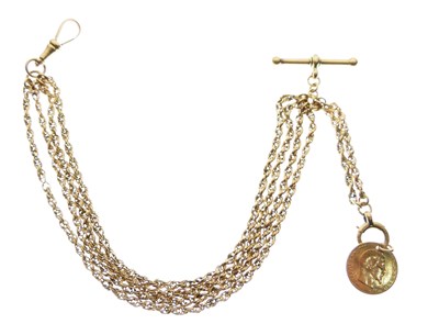 Lot 43 - Unmarked yellow metal watch chain and 5 Francs coin