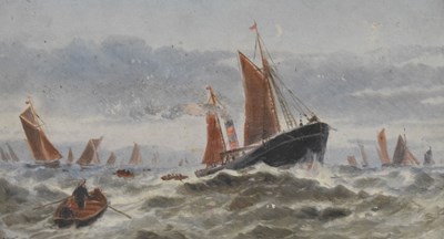 Lot 383 - M. Henham - Oil on board - Trawling on the Doggerback delivering fish to steam boat