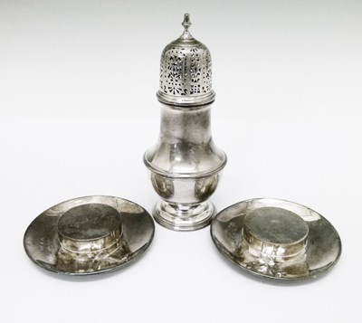 Lot 76 - Pair of 1920s silver hat form dishes and Elizabeth II sugar caster
