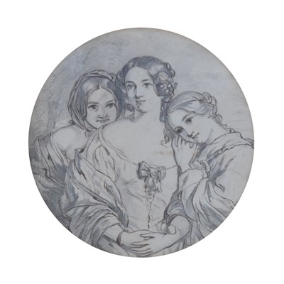 Lot 381 - Early Victorian pen and ink study of three ladies
