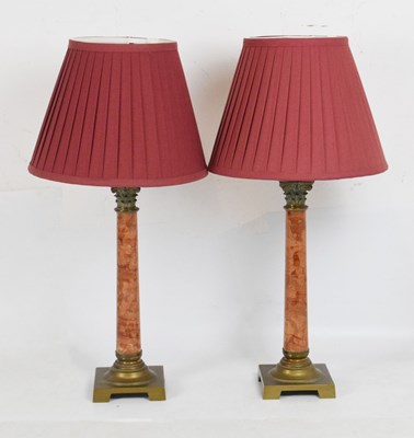 Lot 456 - Pair of brass and simulated scagliola table lamps