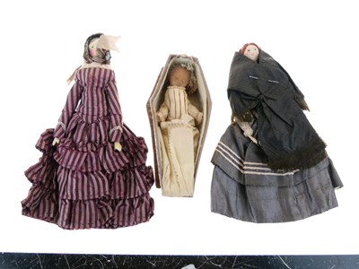 Lot 260 - Wooden peg doll, cloth doll, and coffin doll